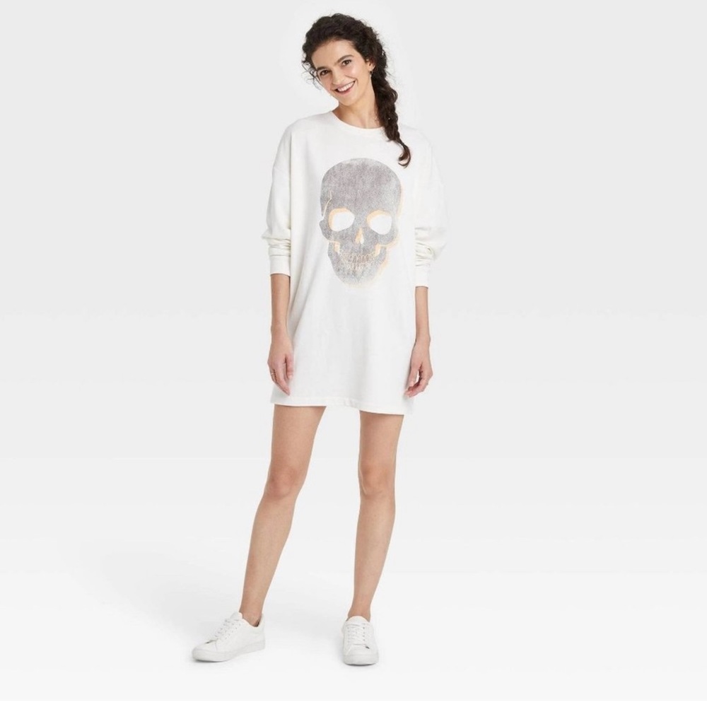 Grayson Threads Cream Gray Orange Skull Sweatshirt Dress , L, M, XL